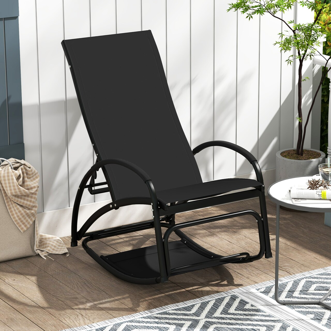 2-in-1 Outdoor Rocking Chair with 4-Position Adjustable Backrest for Patio Porch Poolside